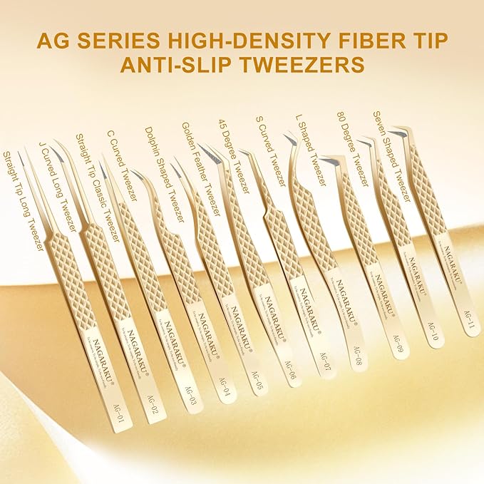 NAGARAKU Precision Fiber Tip Tweezer for Eyelash Extensions Diamond Grip Anti-Static Anti-Slip Premium Stainless Steel Pointed Volume Eyelashes Boot Tweezers with Box(Seven Shaped Tweezer AG-11)