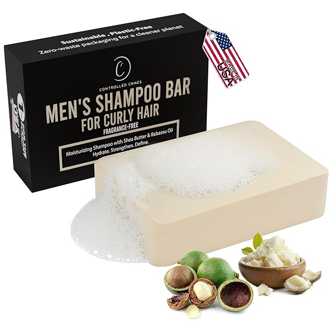 Controlled Chaos Curly Hair Solid Shampoo Bar for Men with Shea Butter & Babassu Oil Moisturizing & Frizz Control, Sulfate-Free, Vegan (Fragrance Free) - 4 oz