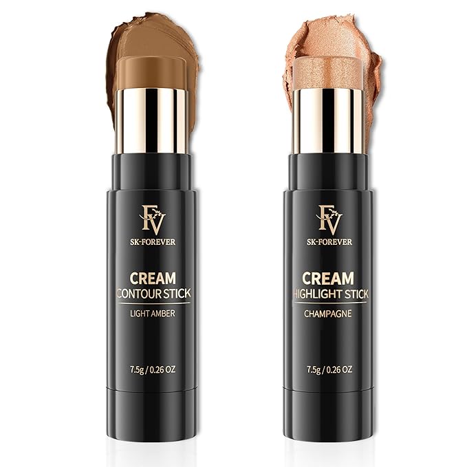 FV 2-Pack Contour and Highlighter Stick, Creamy, Waterproof, Long-Lasting - Natural Finish for Face Sculpting & Glow - Easy Blendable Contouring Stick, Travel-Friendly, 04 Light Amber & 03 Champagne