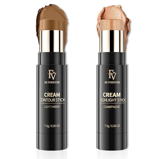 FV 2-Pack Contour and Highlighter Stick, Creamy, Waterproof, Long-Lasting - Natural Finish for Face Sculpting & Glow - Easy Blendable Contouring Stick, Travel-Friendly, 04 Light Amber & 03 Champagne