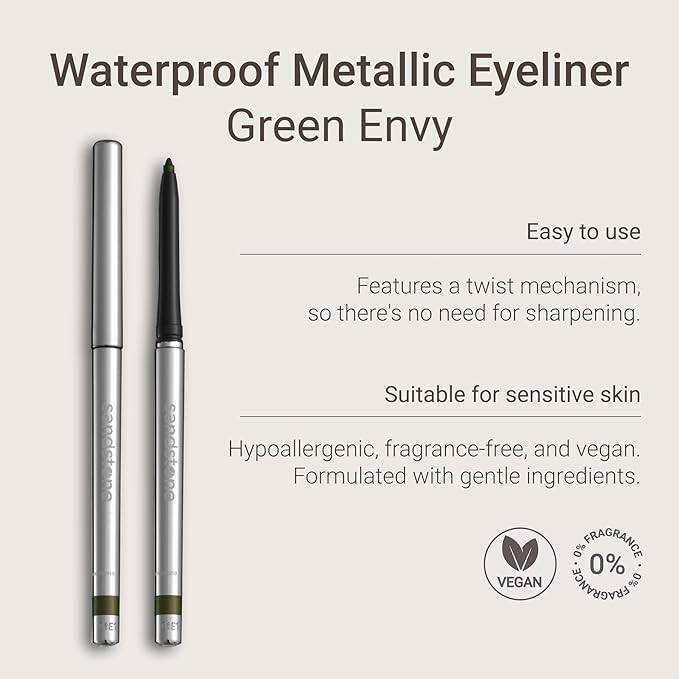 Hypoallergenic Waterproof Eyeliner - Fragrance Free Metallic Eye liner - Vegan and Cruelty Free Eye Pencil - Eyeliner Pencil for Sensitive Eyes (Green Envy)