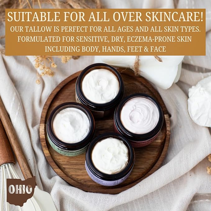 100% Grass-Fed Whipped Tallow Balm & Organic Jojoba Oil infused:Organic Calendule & Chamomile: face & body moisturizer-dry, baby, sensitive skin/eczema, psoriasis (HERB-INFUSED/UNSCENTED)