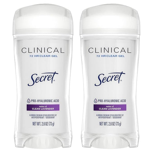 Secret Clinical Strength Antiperspirant Deodorant for Women, 3X Stress Protection, 72hr Sweat & Odor Protection, PH Balancing Minerals, Clear Gel, Clean Lavender Scent, 2.6 oz (Pack of 2)