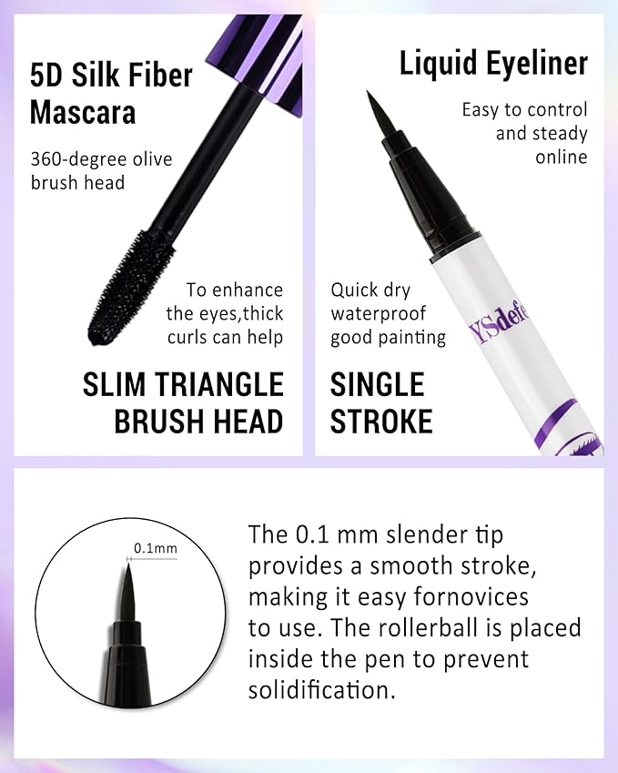 Purple Mascara Liquid Eyeliner Set, Update Longlasting Waterproof Color Eye Liner Pen, 5D Silk Fiber Colored Mascara Volume and Length, Christmas Party Stage Use Eye Makeup Gift Kit for Women Girl-05