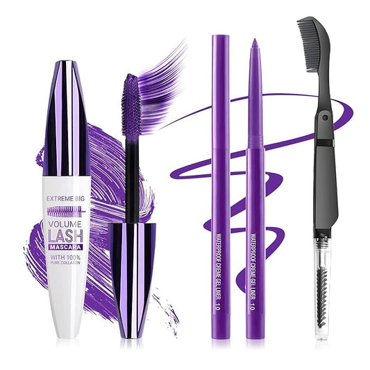 Purple Mascara and Eyeliner Set,5D Colored Mascara Volume and Length Waterproof,Natural Curling rimel de pestañas,Suitable for Women Eye Makeup