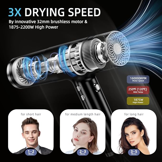 DORISILK Dual Voltage Hair Dryer for International Travel，1875W Professional Hair Dryer 160000 RPM Brushless Motor for Fast Drying Low Noise ，Ionic Blow Dryer with Hair Diffuser for Curly Hair，