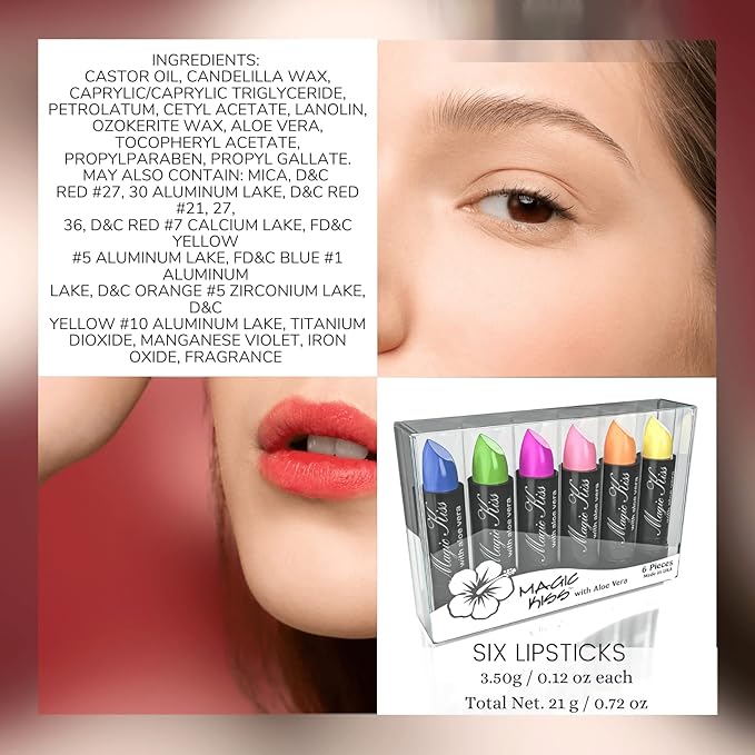 Magic Kiss Color Changing Matte 6 Piece Lipstick Set infused with Aloe Vera Made in USA (Colors of Aloha 1)