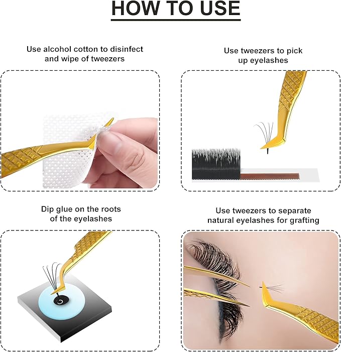 SIVOTE Eyelash Extension Tweezers Fiber Tips Japanese Steel, Set of 6 – Curved, Dolphin, 90° 45° Volume Boot & Slight Curved Tweezer – Professional Lash Tweezers for Lash Extensions Gold