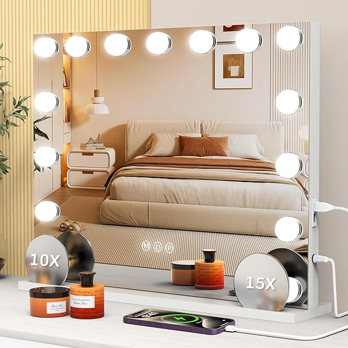 VESAUR Large Vanity Mirror with Lights, Hollywood Makeup Mirror with 15 Dimmable Bulbs 3 Light Colors, Detachable 1X/10X/15X Magnification, USB/Type-C Dual Power, Tabletop &Wall Mount, Senior Aluminum