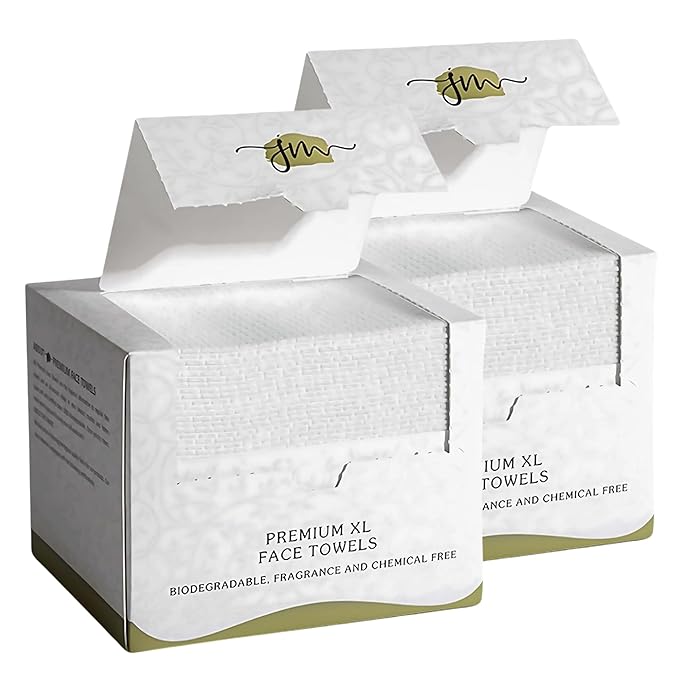 Disposable Face Towels – 100 Count (2 x 50 Boxes) XL 10”x12” Biodegradable Dry Wipes | Ultra Soft, Lint-Free, Dual-Texture Face Cloths | Chemical-Free, Fragrance-Free Facial Towels for Sensitive Skin