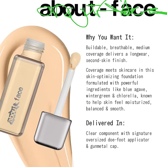 about-face THE PERFORMER Skin-Focused Foundation L1Warm – Medium Coverage, Long-Wear, Breathable & Buildable Base – Clean, Vegan, Hydrating Formula with Blue Agave & Chlorella – 1.08oz