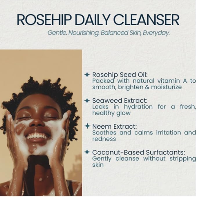 Rosehip Daily Face Cleanser – Hydrating Gel Wash with Seaweed, Neem & Rosehip Seed Oil – Vitamin A Rich, Anti-Aging, Soothing & Deep Cleansing – For Dry, Oily, & Sensitive Skin – 120ml (4oz)