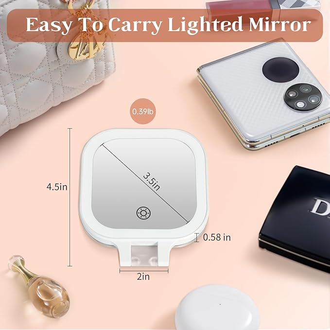 FASCINATE Compact Travel Makeup Mirror with Lights and Magnification, 3.5 inch Portable 1X/20X Magnifying Mirror with 3 Color Light, Folding, Handheld (White)