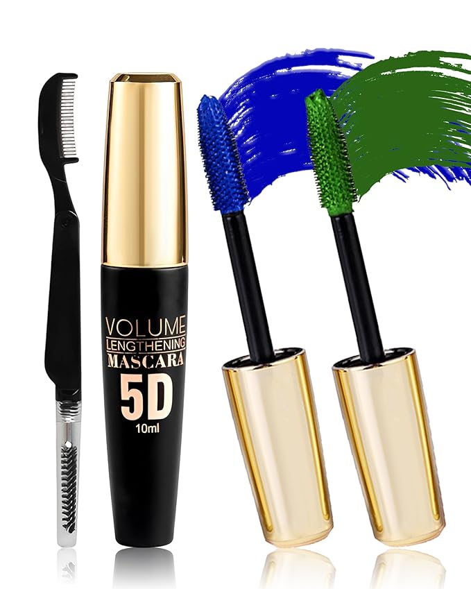 Blue Green Waterproof Mascara for Eyelash, 5D Silk Fiber Lashes Extension Colored Tube Mascara with Eyelash Brush, Long Lasting Smudge-proof Volumizing Lengthening, Cosplay Eye Makeup Gift for Women