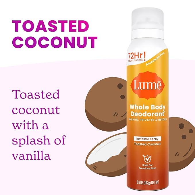 Lume Invisible Spray Deodorant For Women - Whole Body Deodorant Spray - 72Hr Odor Control - Ozone Friendly, Natural Propellant - Aluminum & Baking Soda Free, Skin Loving - 3.6oz, 2pk (Toasted Coconut)