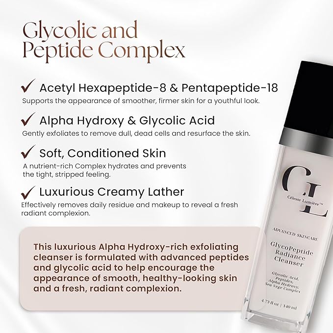 GlycoPeptide Radiance Cleanser – Gentle Exfoliating and Hydrating Face Wash with Glycolic Acid, AHAs, Peptides, Vitamins C and E – Radiance-Enhancing Daily Cleanser – 4.73 fl oz / 140ml