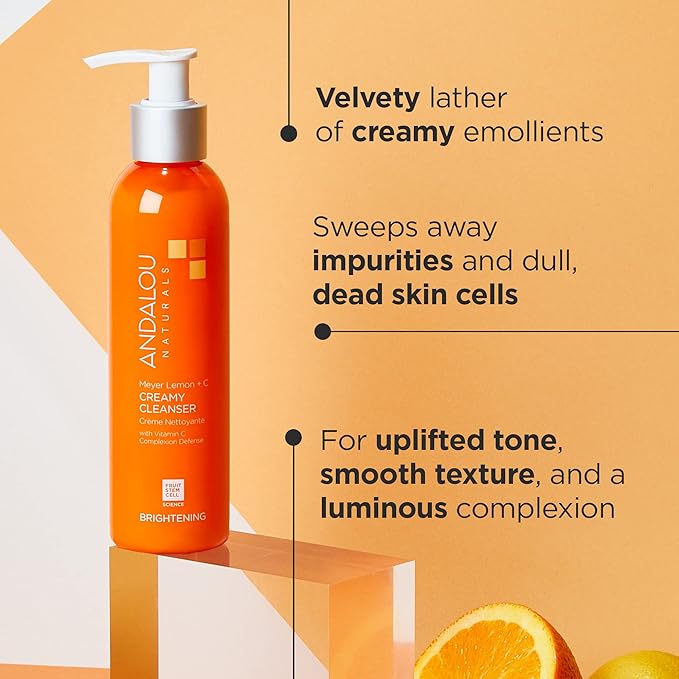 Andalou Naturals Brightening Meyer Lemon + Vitamin C Creamy Cleanser | Gentle Face Wash to Even Tone & Boost Glow | Aloe Vera & Natural Ingredients | For Dull Skin | 6 oz