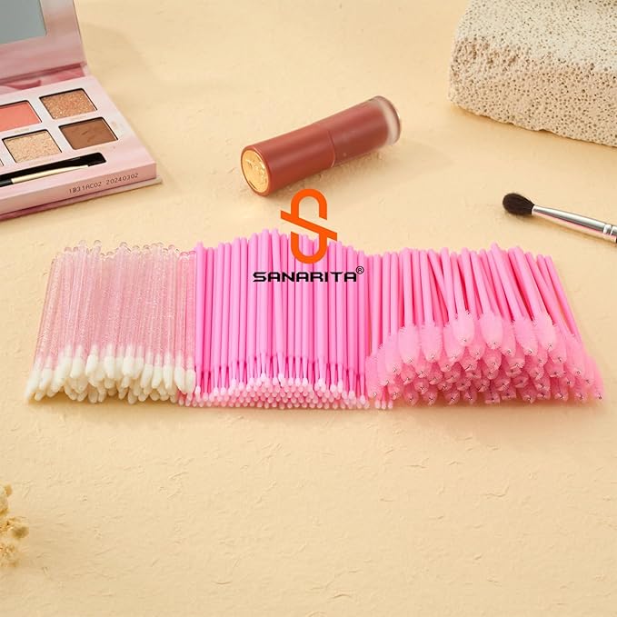 300PCS Eyelash Extension Supplies Kit, Disposable Micro Swab Brushes Eyebrow Spoolies Lip Brushes Mascara Wands Makeup Applicator Tools(Pink)