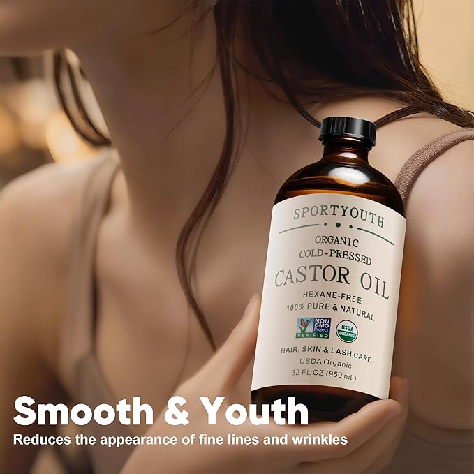 SPORTYOUTH Castor Oil Organic - Cold Pressed, Hexane Free, 100% Pure, USDA Certified, Unrefined Glass Bottle 32oz Non-GMO Carrier Oil for Face, Skin, Hair Growth, Castor Oil Pack, Eyelashes, Brows