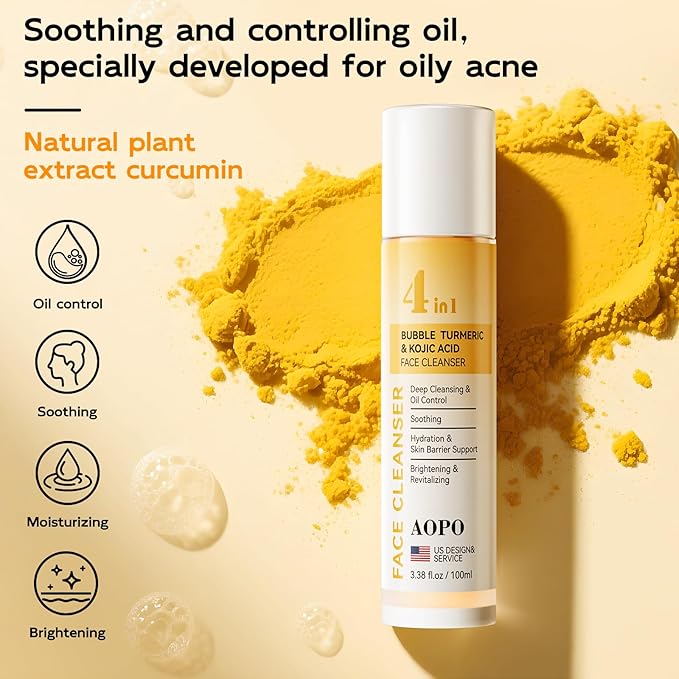 4 in 1 Bubble Turmeric Face Wash - Turmeric Kojic Acid Foaming Face Cleanser - Exfoliation Deep Cleansing of Facial Skin - Suitable for Sensitive & Acne Skin - 3.38 fl.oz