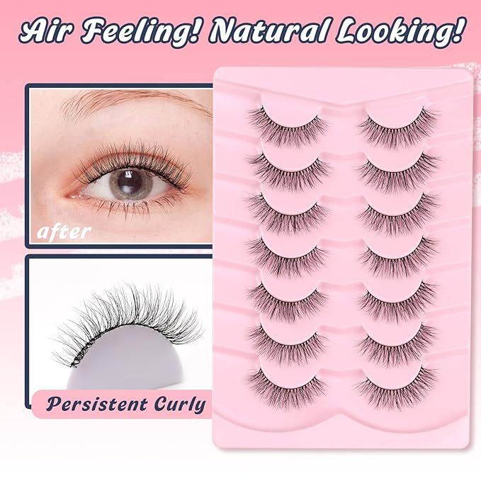 Natural Lashes Eyelashes Wispy 12mm False Lashes Soft Strip Lashes 3D Volume Eyelashes Thin Cotton Band Natural Eye Lashes C Curl Eyelash Siligli Lash Pack 7 Pair
