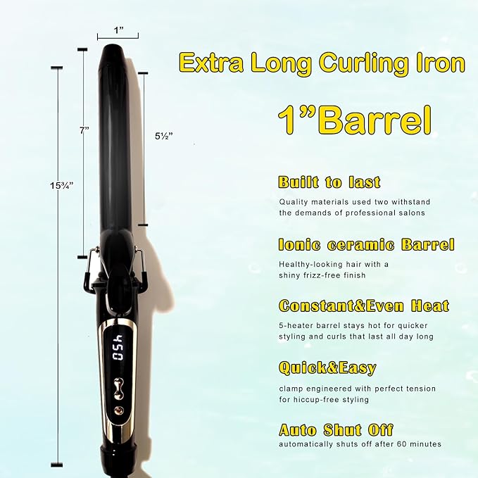 abp 1 Inch Curling Iron Extra Long Barrel with Ceramic Coating for Long/Medium Hair,LED Display Instant Heat up to 450°F with clamp,Hair Waving Style Tool Girls & Women