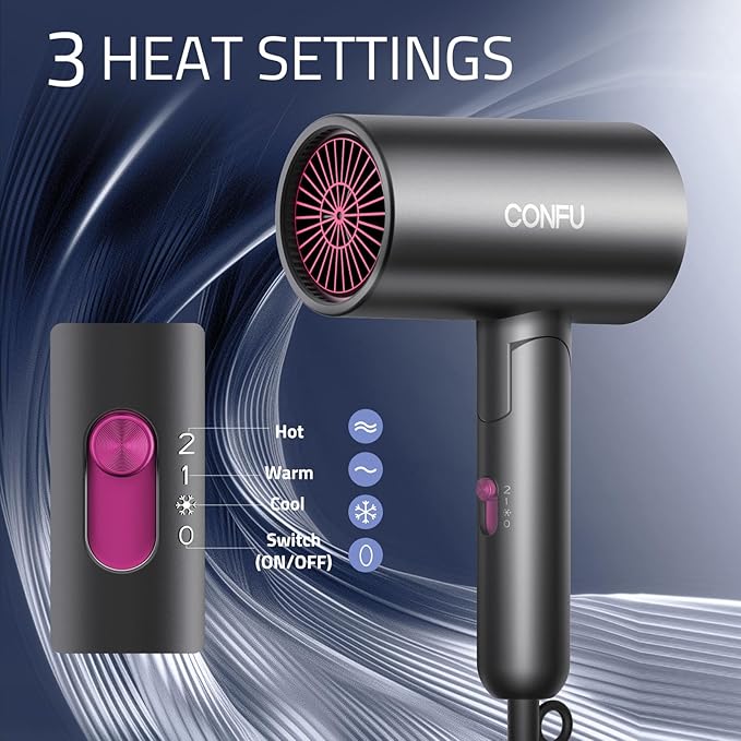 CONFU Diffuser Hair Dryer for Curly Hair,1500W Fast Drying Blow Dryer with Diffuser for Women,Compact & Portable Negative Ion Hairdryer Blowdryer,Lightweight and Foldable Design for Travel(Gray)