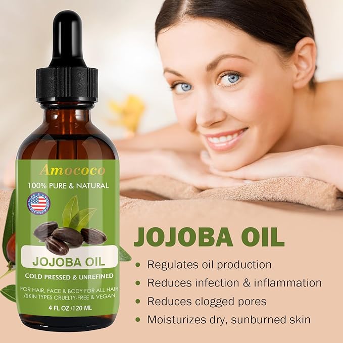 Natural Jojoba Oil for Hair&Skin, Cold Pressed, Unrefined Deeply Moisturizing Body Carrier Oils for Essential Oils Mixing, 4fl oz