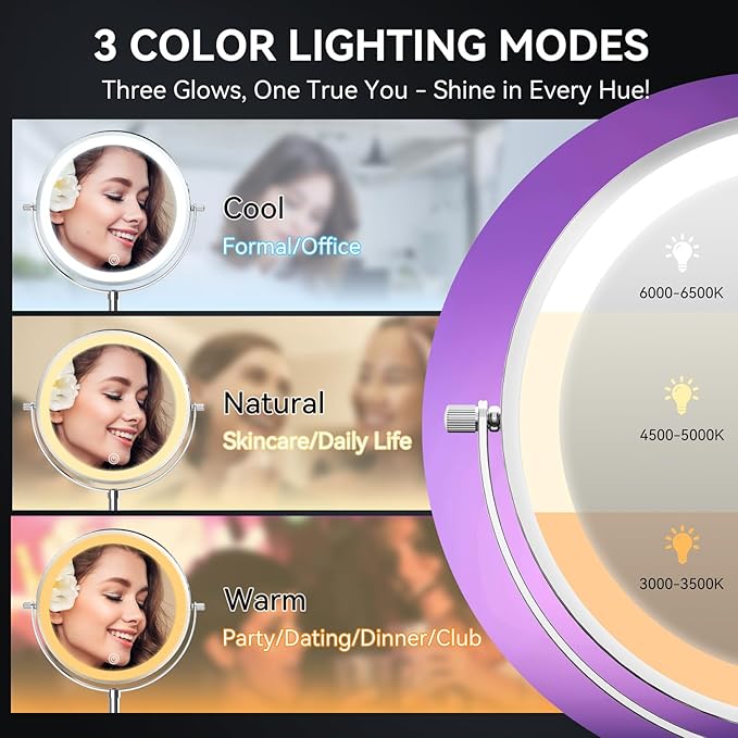 Auxmir 9" Large Lighted Makeup Mirror with Magnification, 1X/30X Double Sided Magnifying Mirror with Adjustable Height, Rechargeable Vanity Mirror with 3 Color Dimmable Lights, 360° Rotation