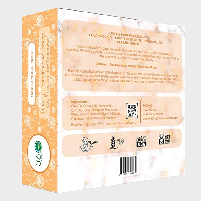 360 Feel Oatmeal Milk and Honey Bar Soap - Made in the USA - Castile Handmade All Natural Cold Processed - Pure Essential Oils - SLS-Free - Moisturizing Lather - (5oz, 4-Pack)