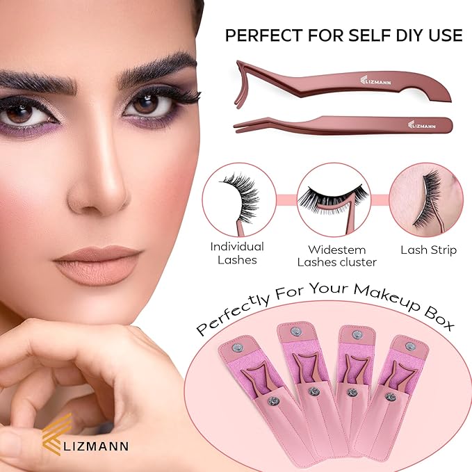 LIZMANN Eyelash Applicator Tweezers 2 PCS Tool for False Eyelash Application & Lash Extensions, Mistake-Proof Lash Placement Tweezers for Professional and DIY Use