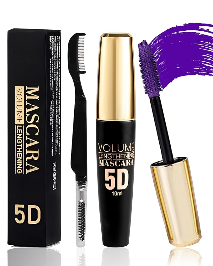 Purple Waterproof Mascara for Eyelash, 5D Silk Fiber Lashes Extension Colored Tube Mascara with Eyelash Brush, Long Lasting Smudge-proof Volumizing Lengthening, Cosplay Party Eye Makeup Gift for Women