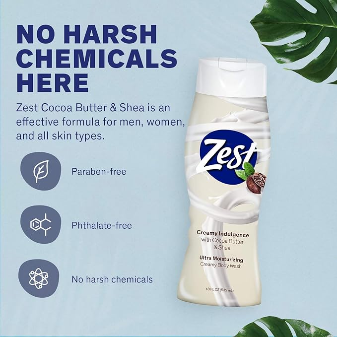 Zest Body Wash Cocoa Butter & Shea Moisturizing 18 Ounce (Pack of 6)