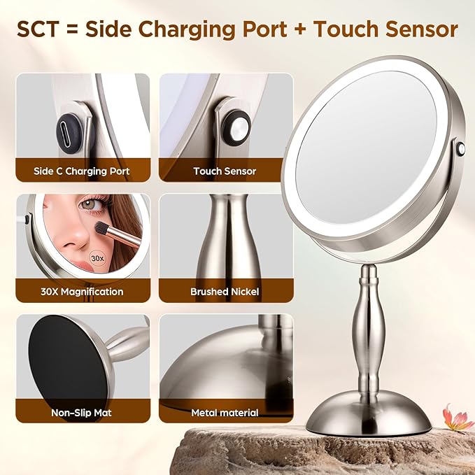 Makeup Mirror with Light, 30x Magnifying Mirror with 3 Lights Colors, 5000mAh Vanity Mirror Brushed Nickel - 360° Rotation, Brightness Adjustable Magnification, Modern Style Side Touch + Side Charge