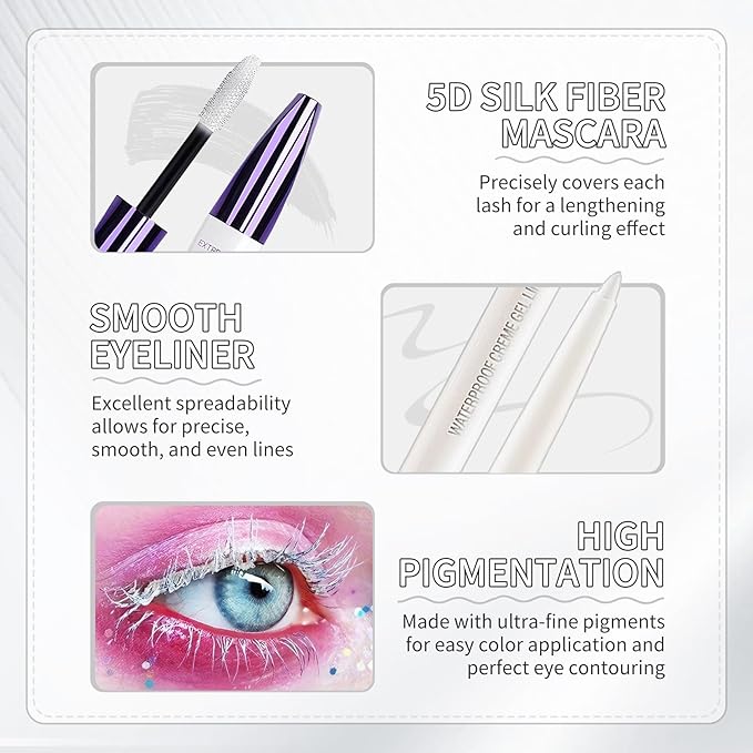 White Mascara and Eyeliner Set,5D Colored Mascara Volume and Length Waterproof,Natural Curling rimel de pestañas,Suitable for Women Eye Makeup