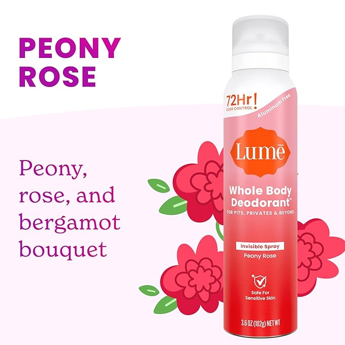 Lume Invisible Spray Deodorant For Women - Whole Body Deodorant Spray - 72 Hr Odor Control - Ozone Friendly, Natural Propellant - Aluminum & Baking Soda Free, Skin Loving - 3.6 oz (2 pk) (Peony Rose)