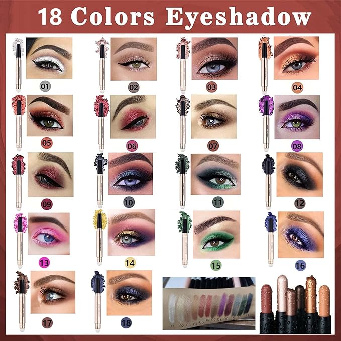 Rose Gold Eyeshadow Stick Makeup, Highlighter Matte Cream Eye Shadow Pencil, Waterproof Hypoallergenic Long Lasting Crayon, Glitter Primer Palette Shimmer Eyeliner Pen wiht Soft Brush