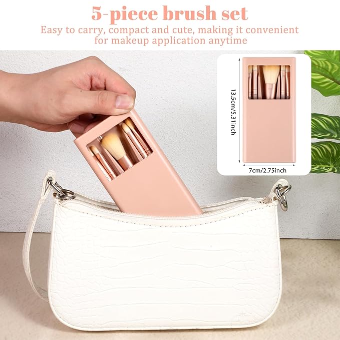 Travel Makeup Brush Set Apricot 5 Pcs Mini Makeup Brushes with Case and Mirror Portable Small Complete Function Cosmetic Brushes Kit Basic Cosmetic Profesional Tools for On The Go