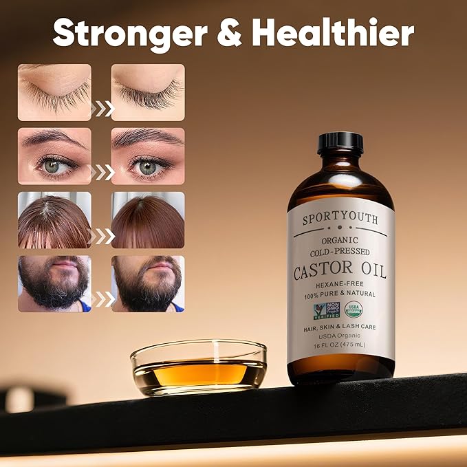 SPORTYOUTH Castor Oil Organic - Cold Pressed, Hexane Free, 100% Pure, USDA Certified, Unrefined Glass Bottle 16oz Non-GMO Carrier Oil for Face, Skin, Hair Growth, Castor Oil Pack, Eyelashes, Brows