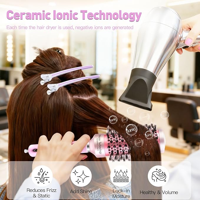 URTHEONE Round Hair Brush for women Blow Drying, Ceramic Ionic Styling Tool with Mixed Bristles and Hair Clips, for Smooth and Voluminous Styles on Medium to Long Hair (1.7 Inch)