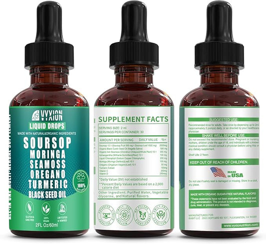 Vyxion Soursop Bitters Liquid Drops 10 in 1 with Sea Moss, Moringa, Turmeric, Black Seed Oil, Oregano, Ashwagandha | Herbal Extracts for Overall Health-Enhancing | Vegan, Non-GMO | 2 Fl Oz