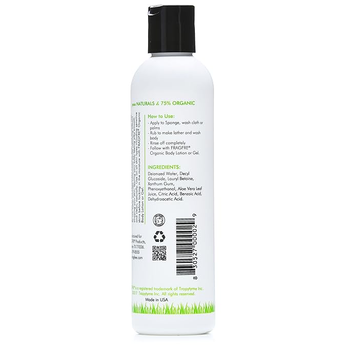 Organic Shower Gel 8 oz - Fragrance Free Sulfate Free Parabens Free - for Normal and Dry Sensitive Skins - Gluten Free Vegan Cruelty Free - Organic Aloe Vera Bath Shower Gel - pure Natural