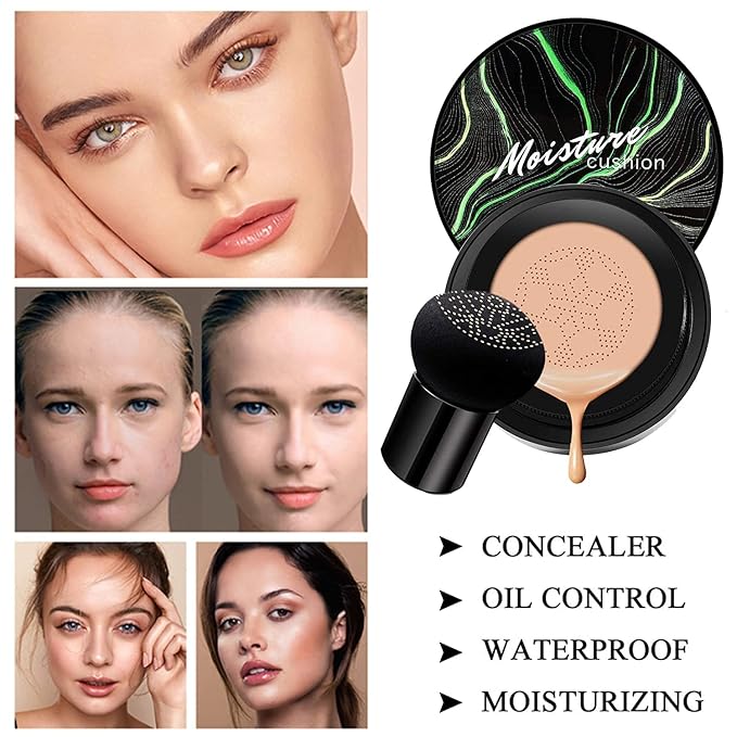 Mushroom Head Air Cushion CC Cream Nature Foundation, Moisturizing BB Cream, Long Lasting Matte Concealer, Bright Makeup Base with Mushroom Makeup Sponge (#03 Warm Nude)