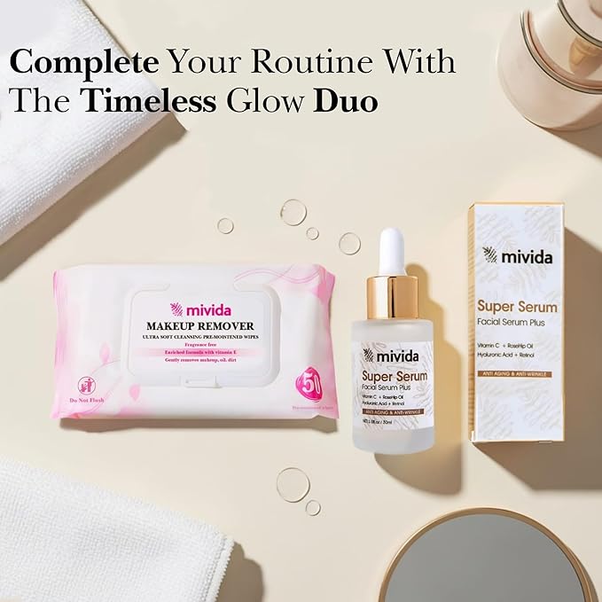 mivida Facial Skin Care Set Hypoallergenic Makeup Remover Wipes With Vitamin E & Super Anti aging Face Serum, Timeless Glow Duo Routine Gifts for Women, Nourishing, Smoothing Fine Lines & Wrinkles