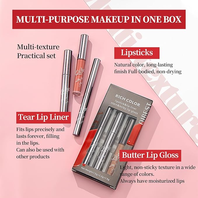 3 in 1 Peel Off Lip Liner Stain Tattoo, Matte Lipstick and Butter Lip Gloss Set, Long-lasting Nonstick Cup Smudge Proof Lip Kits, for Natural Glossy Lip Makeup and Velvet Goth Makeup