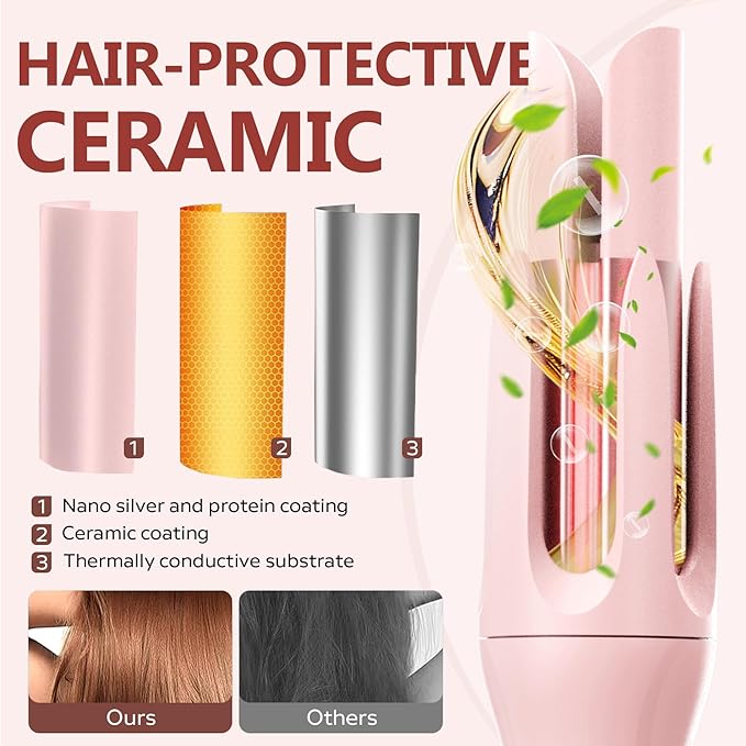 Automatic Rotating Curling Iron with 3 Temperature Fast Heating, Auto Hair Curler with Timer Settings, Anti-Tangle, Automatic Shut-Off and Scalding for Hair Styling, Pink