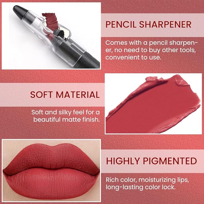Cherry Red Crayon Matte Lipstick Lip Liner Pencil, Moisture Smooth Lipstick Penil, With Pencil Sharpener Sharpenable Lip Pen Ultimate Lip Crayon for Women Easy to Apply Waterproof 03#