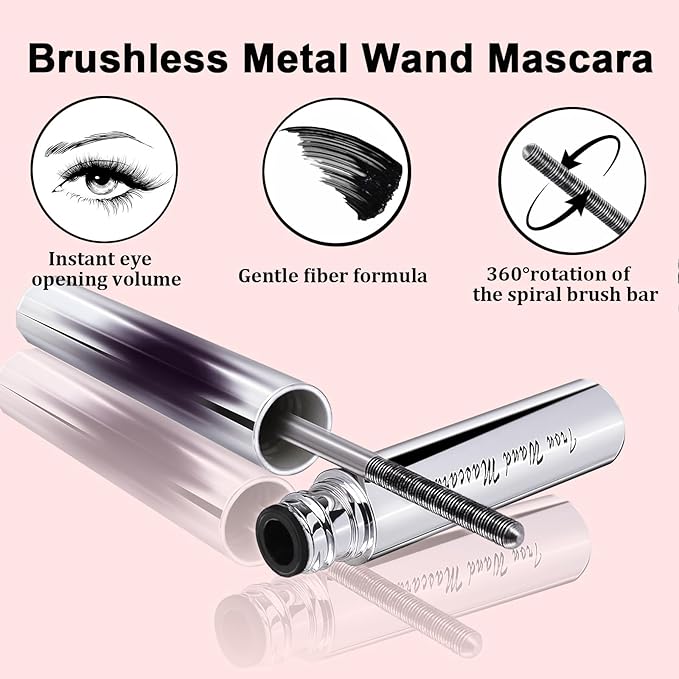 2PCS Iron Wand Mascara, 2025 New Black Washable Metal WandMascara, 3D Curling Iron Wand Fiber Lash Mascara Extension Super Volume Eyelash Non-Clumping Smudge-Proof Long Lasting (Black)