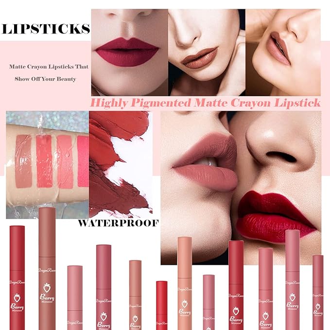 3 Piece Nude Matte Lipstick Set,Natural Velvet Air Moisture Smooth Crayon Lip Stain,Ultimate Nourishing Matte Lipstick 24 Hour Long Lasting Lip Gloss Lipstick for Women Makeup(Set D)