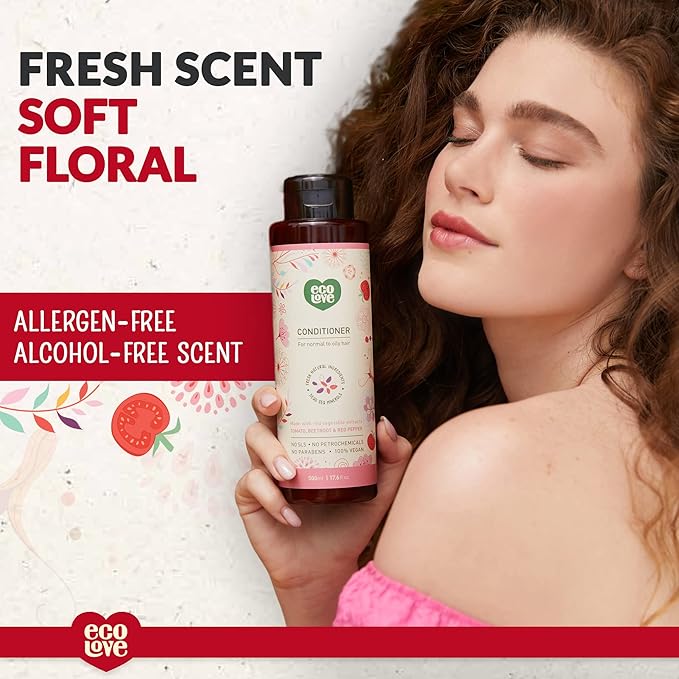 ecoLove – Natural Conditioner for Normal and Oily Hair - No SLS or Parabens - With Organic Tomato and Beet Extract - Vegan and Cruelty-Free, 17.6 oz